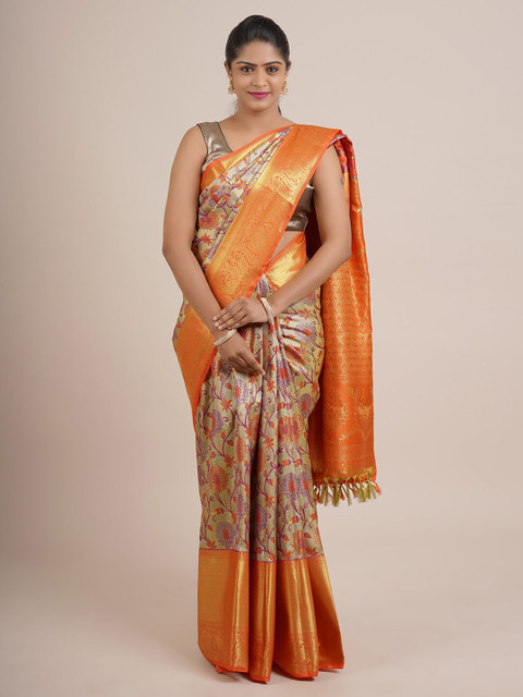 

Pothys Cream-Coloured & Orange Floral Zari Pure Silk Saree