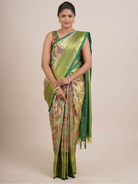 

Pothys Gold-Toned & Green Woven Design Zari Pure Silk Saree