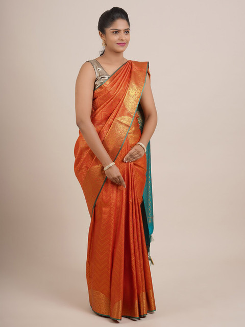 

Pothys Orange & Turquoise Blue Woven Design Zari Pure Silk Saree
