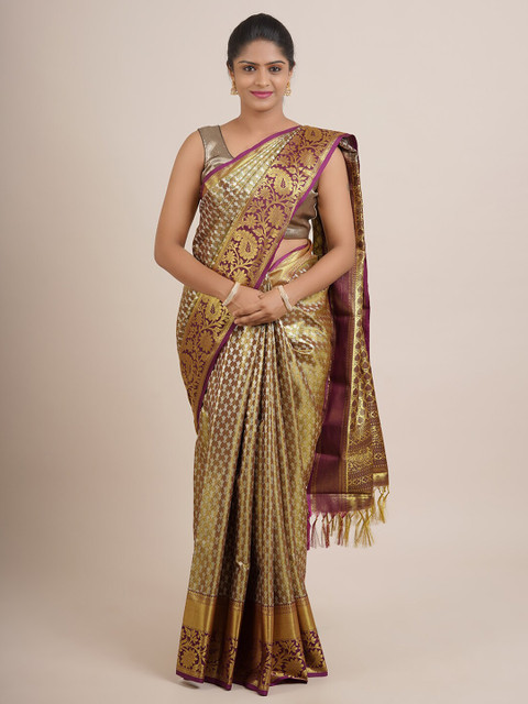 

Pothys Gold Toned And Purple Ethnic Motifs Woven Design Zari Pure Silk Saree