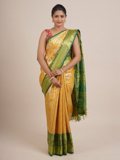 

Pothys Yellow & Green Floral Zari Pure Silk Saree