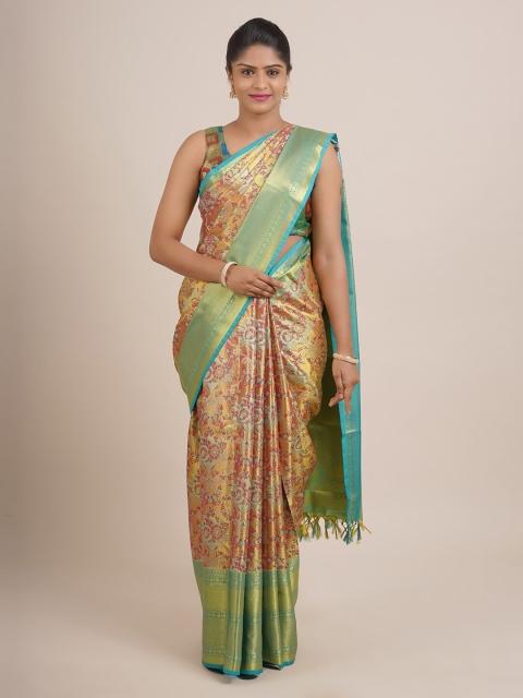 

Pothys Gold-Toned & Blue Floral Zari Pure Silk Saree