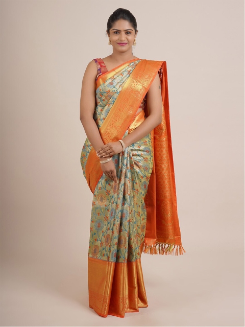 

Pothys Blue & Orange Floral Zari Pure Silk Saree