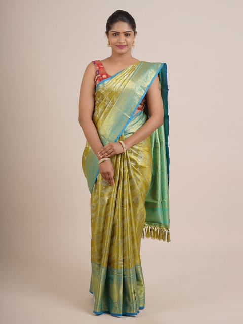 

Pothys Olive Green & Blue Floral Zari Pure Silk Saree