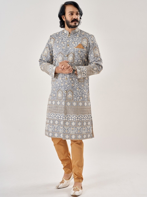 

amzira Men Grey Printed Cotton Sherwani Set