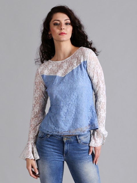 

Noi Women Blue Self Design Bell Sleeves Top