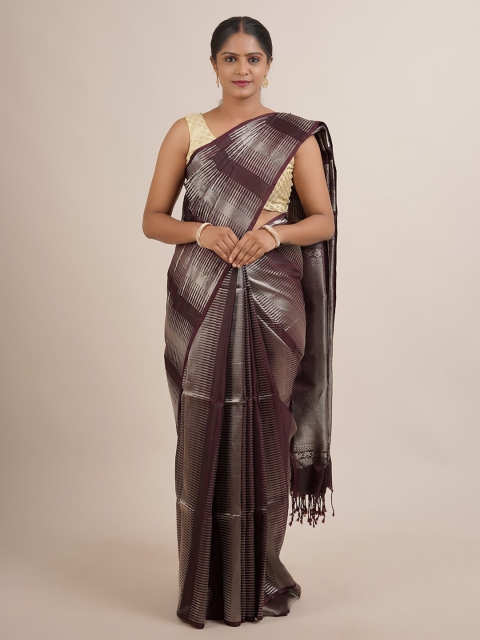 

Pothys Brown & Silver-Toned Striped Pure Silk Kanjeevaram Saree