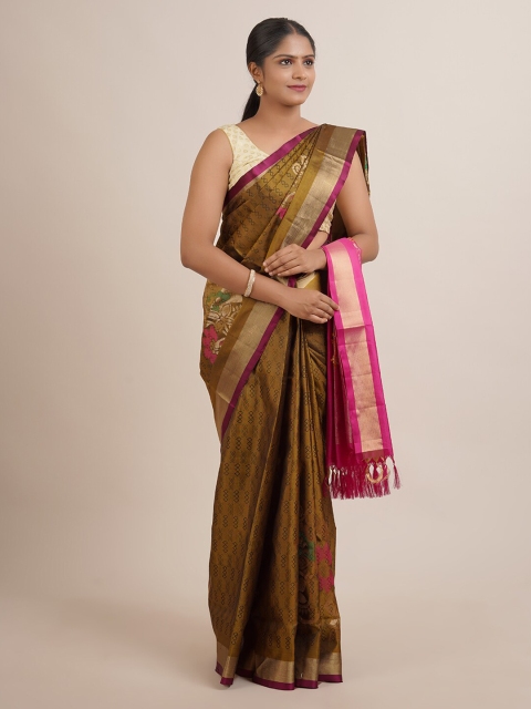 

Pothys Khaki & Pink Ethnic Motifs Zari Pure Silk Saree