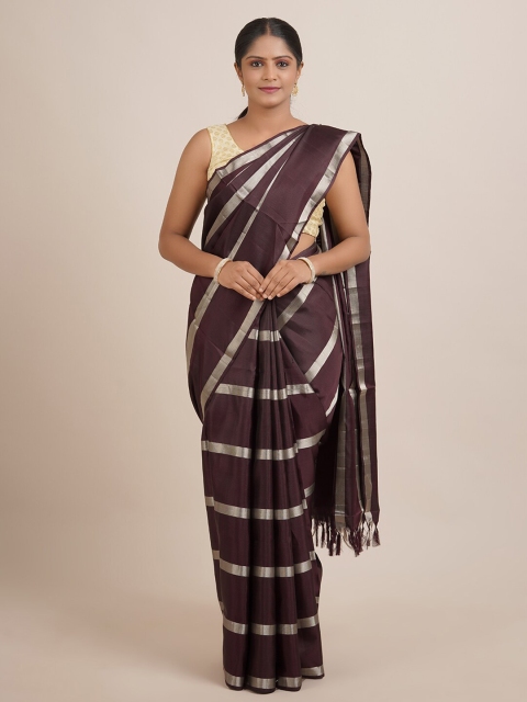 

Pothys Brown And Silver Toned Striped Zari Pure Silk Kanjeevaram Saree