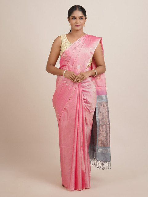 

Pothys Pink And Silver Toned Woven Design Pure Silk Saree