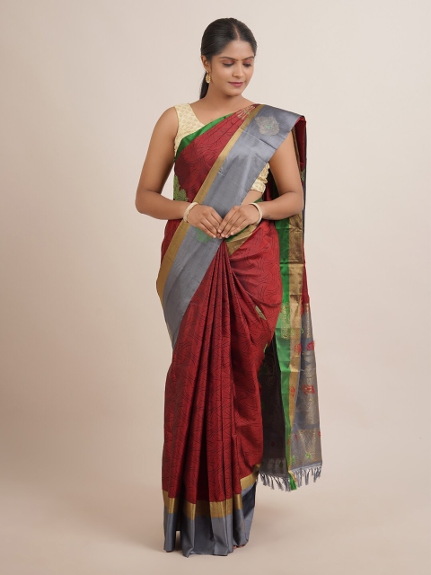 

Pothys Maroon & Green Ethnic Motifs Zari Pure Silk Kanjeevaram Saree