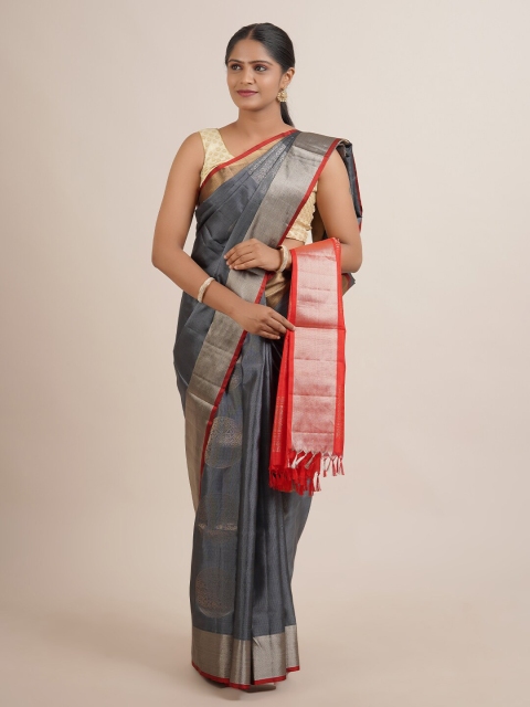

Pothys Grey & Red Ethnic Motifs Zari Pure Silk Kanjeevaram Saree