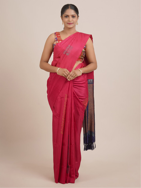 

Pothys Pink & Blue Floral Pure Silk Kanjeevaram Saree