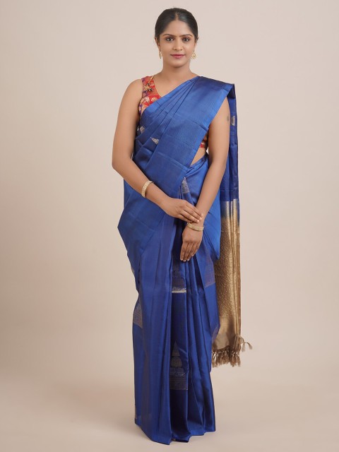 

Pothys Blue & Gold-Toned Woven Design Pure Silk Kanjeevaram Saree
