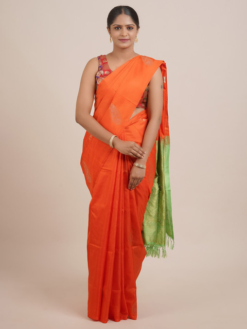 

Pothys Orange & Green Woven Design Pure Silk Kanjeevaram Saree