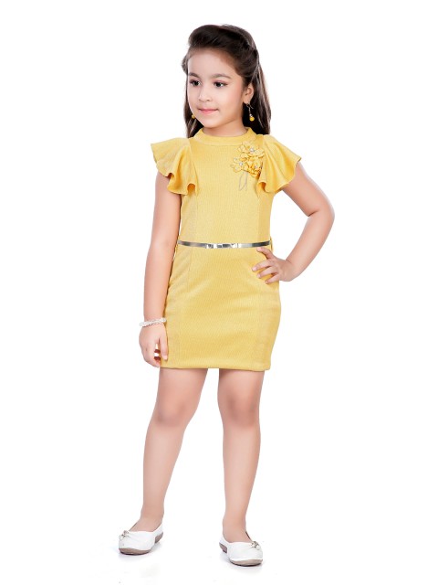 

Hunny Bunny Girls Yellow Solid Flower Applique Flutter Sleeves Bodycon Dress