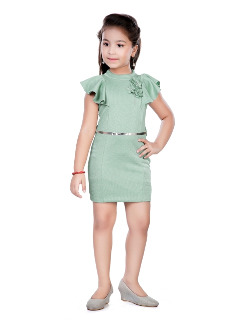 

Hunny Bunny Girls Green Solid Flower Applique Flutter Sleeves Bodycon Dress