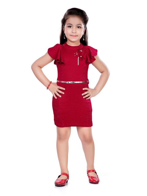 

Hunny Bunny Girls Maroon Solid Flower Applique Flutter Sleeves Bodycon Dress