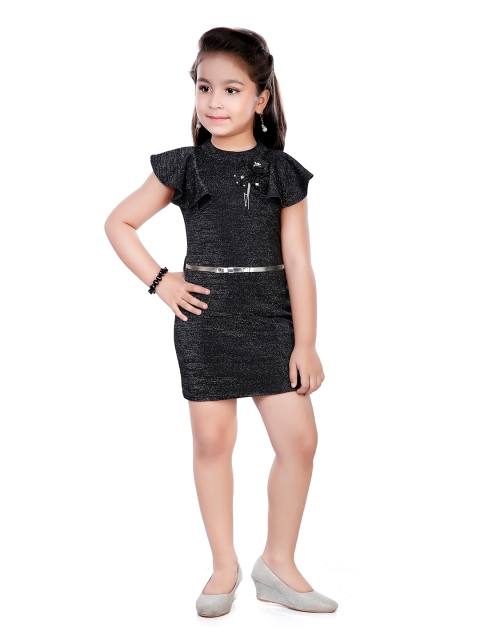 

Hunny Bunny Girls Black Solid Flower Applique Flutter Sleeves Bodycon Dress