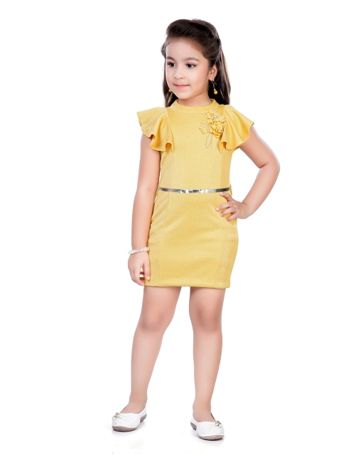 

Hunny Bunny Girls Yellow Solid Flower Applique Flutter Sleeves Bodycon Dress