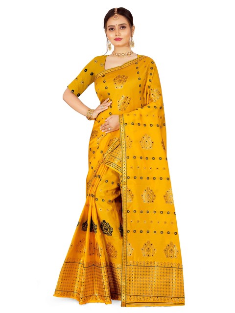 

Skirans Gold-Toned & Black Floral Assamese Mekhela Chador Saree