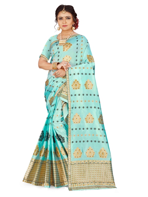 

Skirans Blue & Gold-Toned Floral Assamese Mekhela Chador Saree