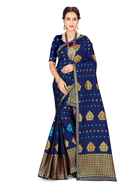 

Skirans Blue & Gold-Toned Floral Assamese Mekhela Chador Saree