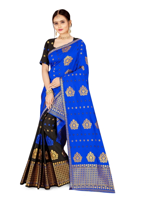 

Skirans Black & Blue Floral Assamese Mekhela Chador Saree