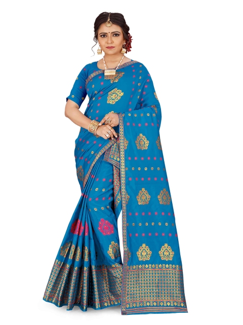 

Skirans Turquoise Blue & Gold-Toned Floral Assamese Mekhela Chador Saree