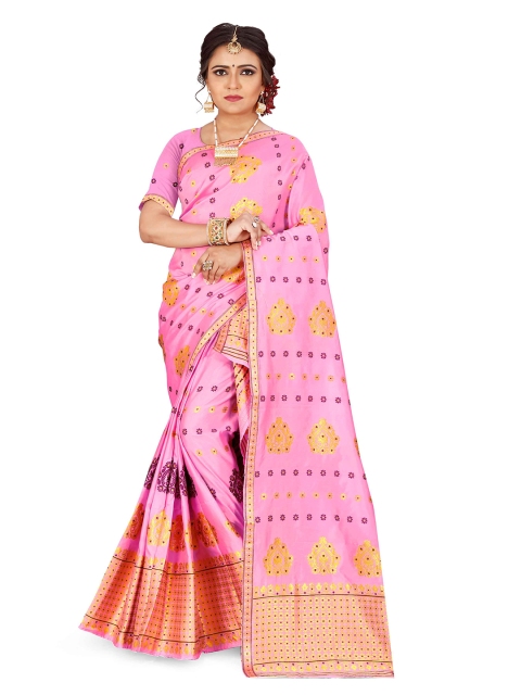 

Skirans Pink & Gold-Toned Floral Assamese Mekhela Chador Saree