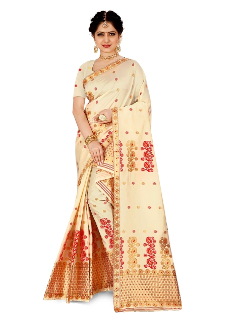 

Skirans Cream-Coloured & Red Floral Zari Saree