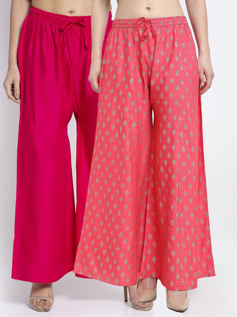 

GRACIT Women Pink & Orange Pack Of 2 Ethnic Motifs Printed Flared Knitted Ethnic Palazzos