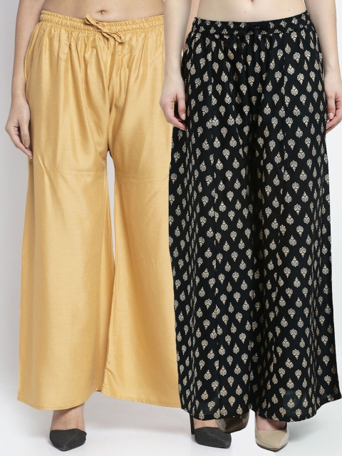 

GRACIT Women Beige & Black Pack Of 2 Ethnic Motifs Printed Flared Knitted Ethnic Palazzos