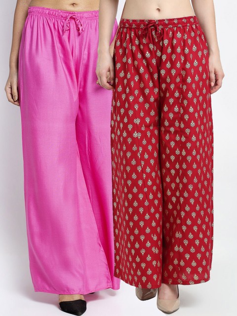 

GRACIT Women Pack of 2 Ethnic Motifs Printed Flared Knitted Ethnic Palazzos, Pink