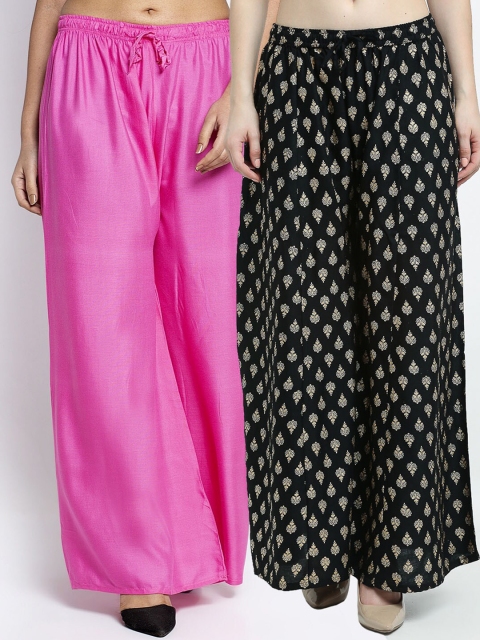

GRACIT Women Pack of 2 Ethnic Motifs Printed Flared Knitted Ethnic Palazzos, Pink