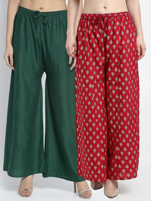 

GRACIT Women Pack of 2 Ethnic Motifs Printed Flared Knitted Palazzos, Green