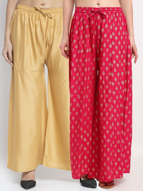 

GRACIT Women Pack of 2 Ethnic Motifs Printed Flared Knitted Ethnic Palazzos, Beige