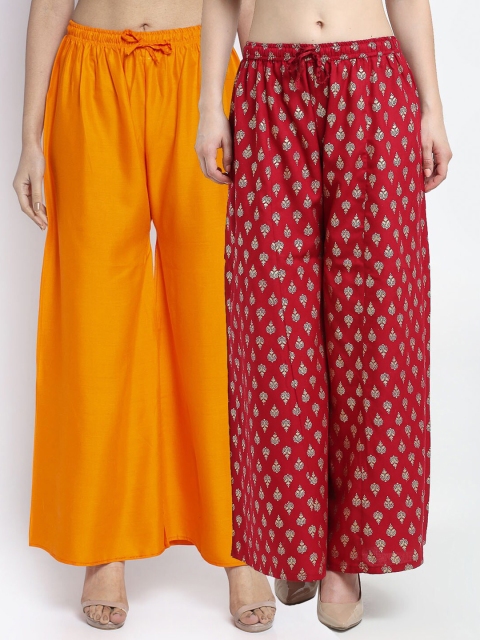 

GRACIT Women Pack of 2 Ethnic Motifs Printed Flared Knitted Ethnic Palazzos, Orange