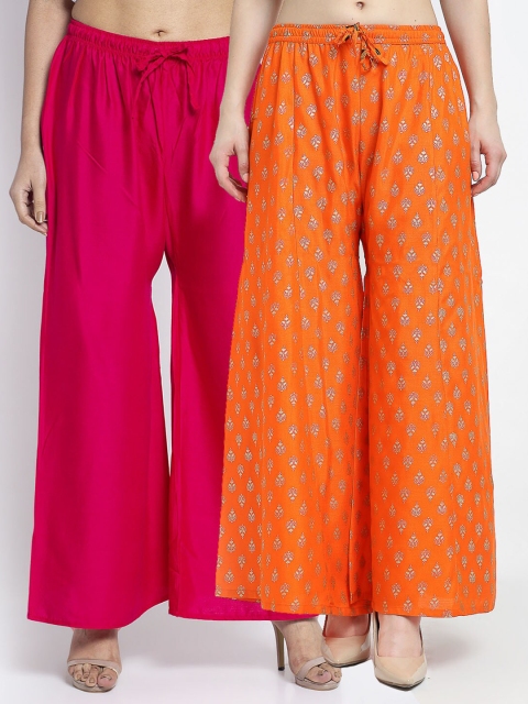 

GRACIT Women Pack of 2 Ethnic Motifs Printed Flared Knitted Ethnic Palazzos, Pink