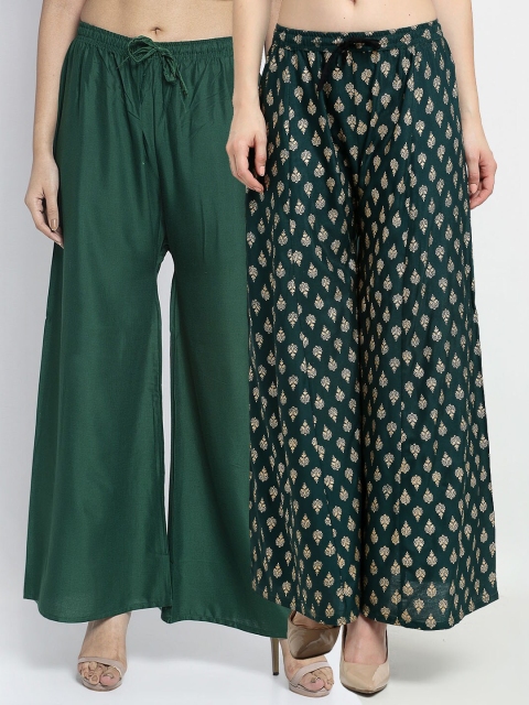 

GRACIT Women Pack of 2 Ethnic Motifs Printed Flared Knitted Ethnic Palazzos, Green