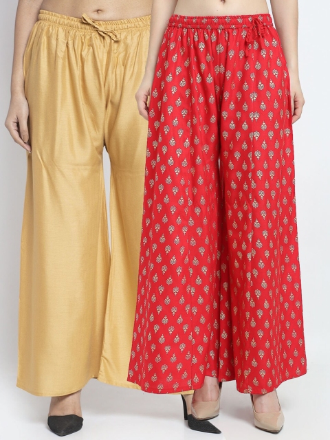 

GRACIT Women Pack of 2 Ethnic Motifs Printed Flared Knitted Ethnic Palazzos, Beige