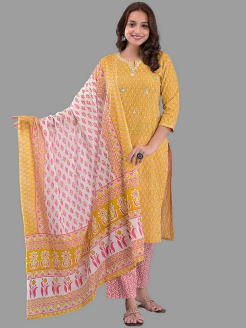 

EtnicaWear Women Yellow Ethnic Motifs Printed Pure Cotton Kurta with Trousers & With Dupatta