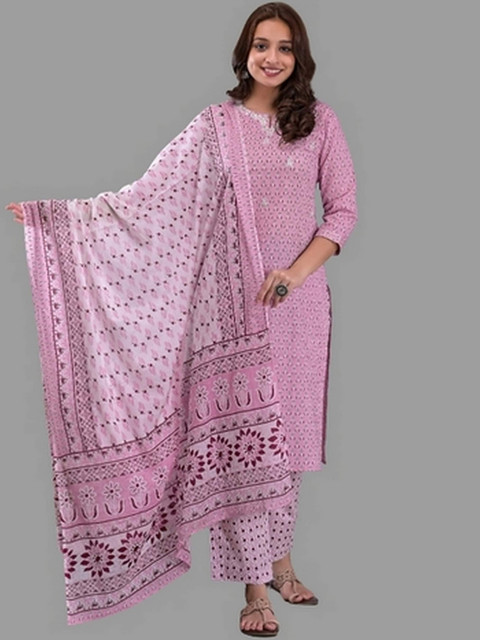 

EtnicaWear Women Peach-Coloured Striped Panelled Gotta Patti Pure Cotton Kurti with Trousers & With Dupatta