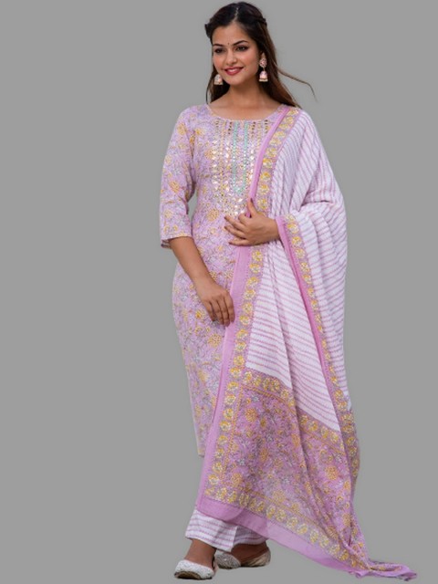 

EtnicaWear Women Peach-Coloured Floral Angrakha Pure Cotton Kurti with Salwar & With Dupatta