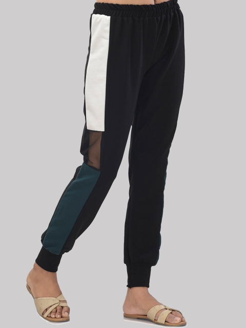

Anaghakart Women Black & Green Colourblocked Tapered Fit Dry Fit Joggers
