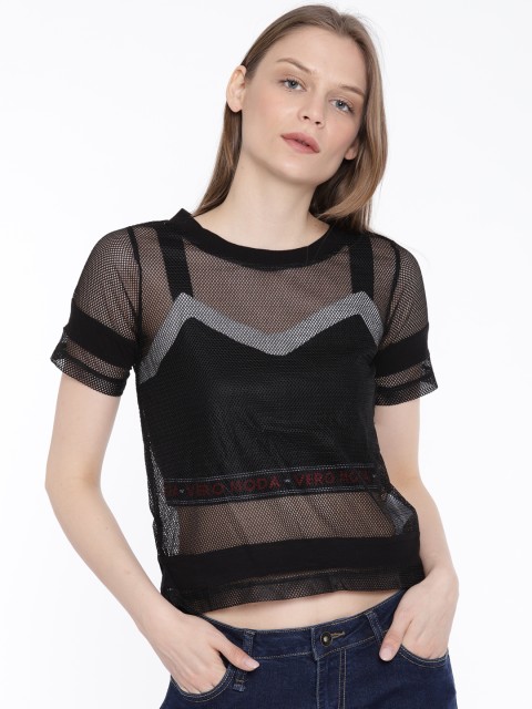 

Vero Moda Women Black Mesh Sheer Top