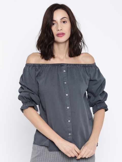 

Vero Moda Women Grey Solid Bardot Pure Cotton Top
