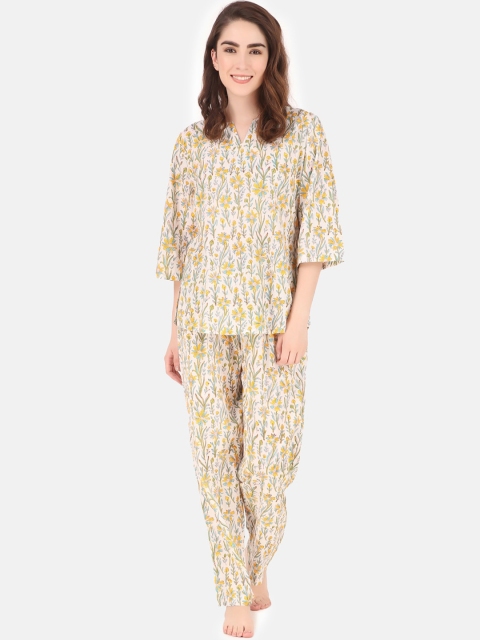 

Masha Women Printed Pure Cotton Night suit, Yellow