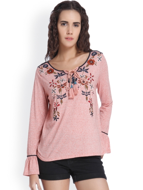 

Vero Moda Women Peach-Coloured Embroidered Top