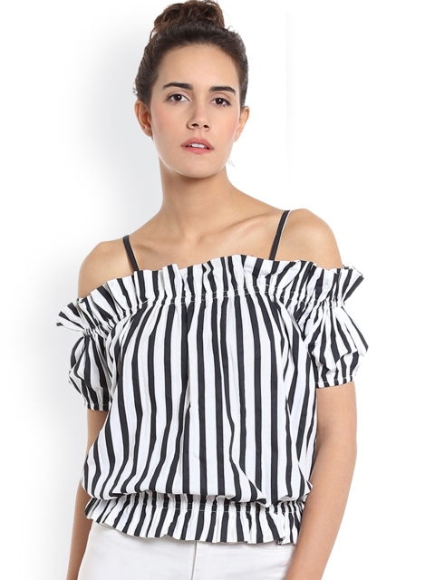 

Vero Moda Women Black & White Striped Blouson Pure Cotton Top